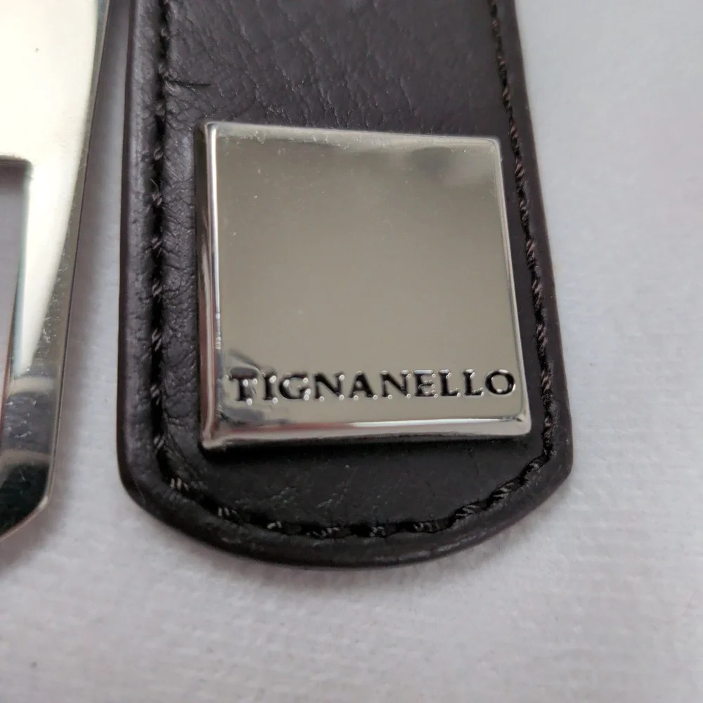 Tignanello Silver Tone Metal and Brown Leather Dog Tag Purse Charm Keychain